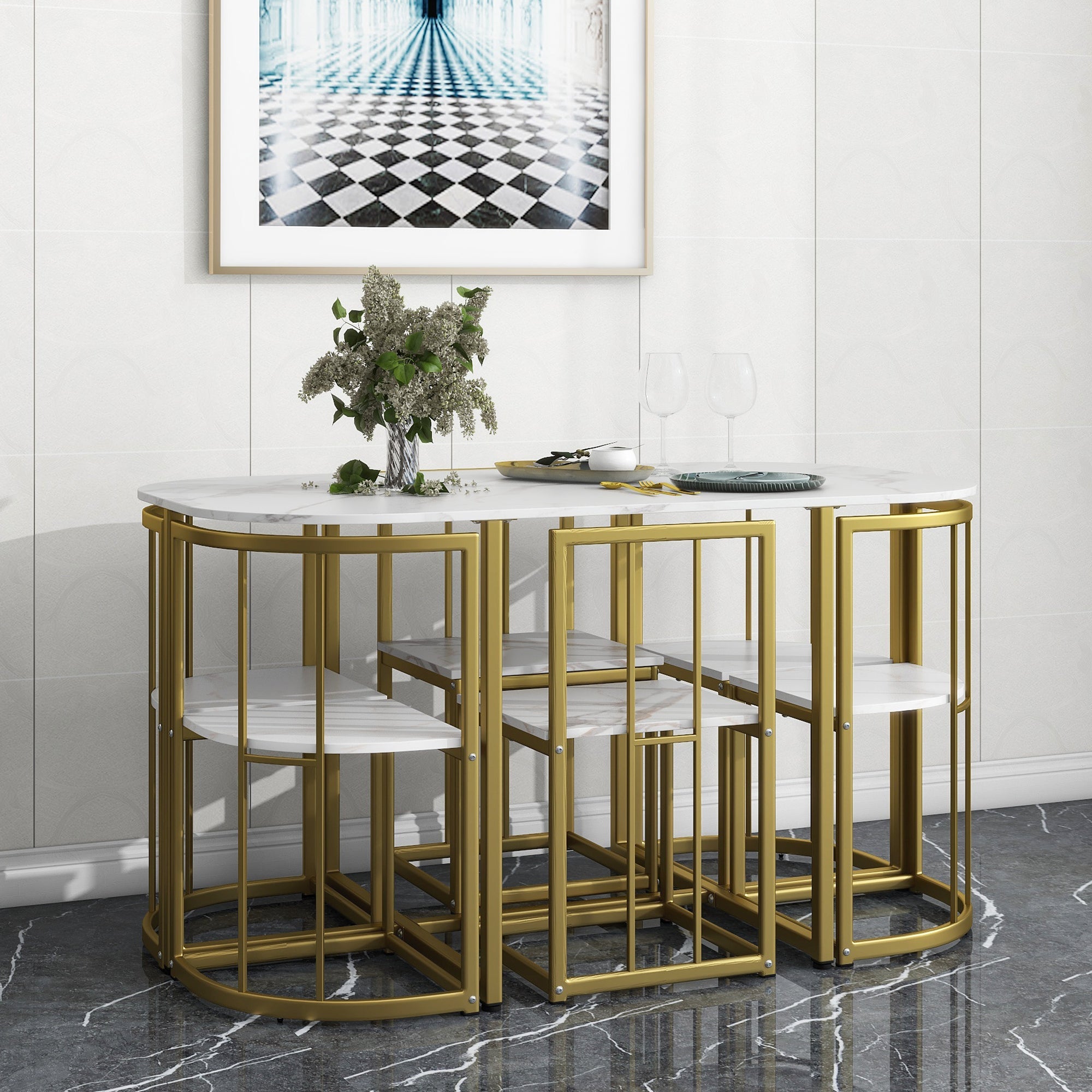 Modern 7-Piece Dining Table Set with Faux Marble Compact 55 In Kitchen Table Set for 6