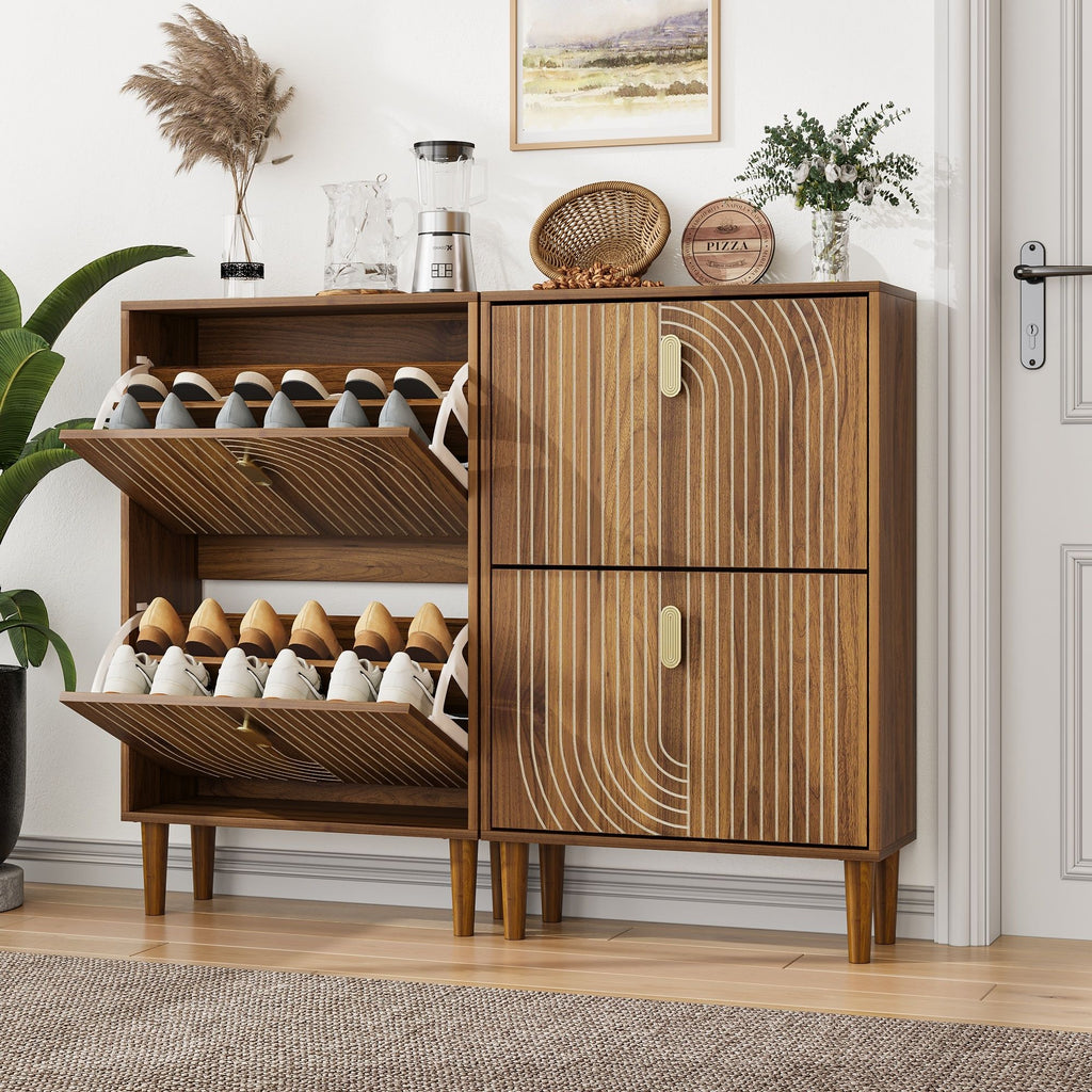 Modern Minimalist Shoe Storage Cabinet With 2 Flip Drawers And Metal Handles - Brown