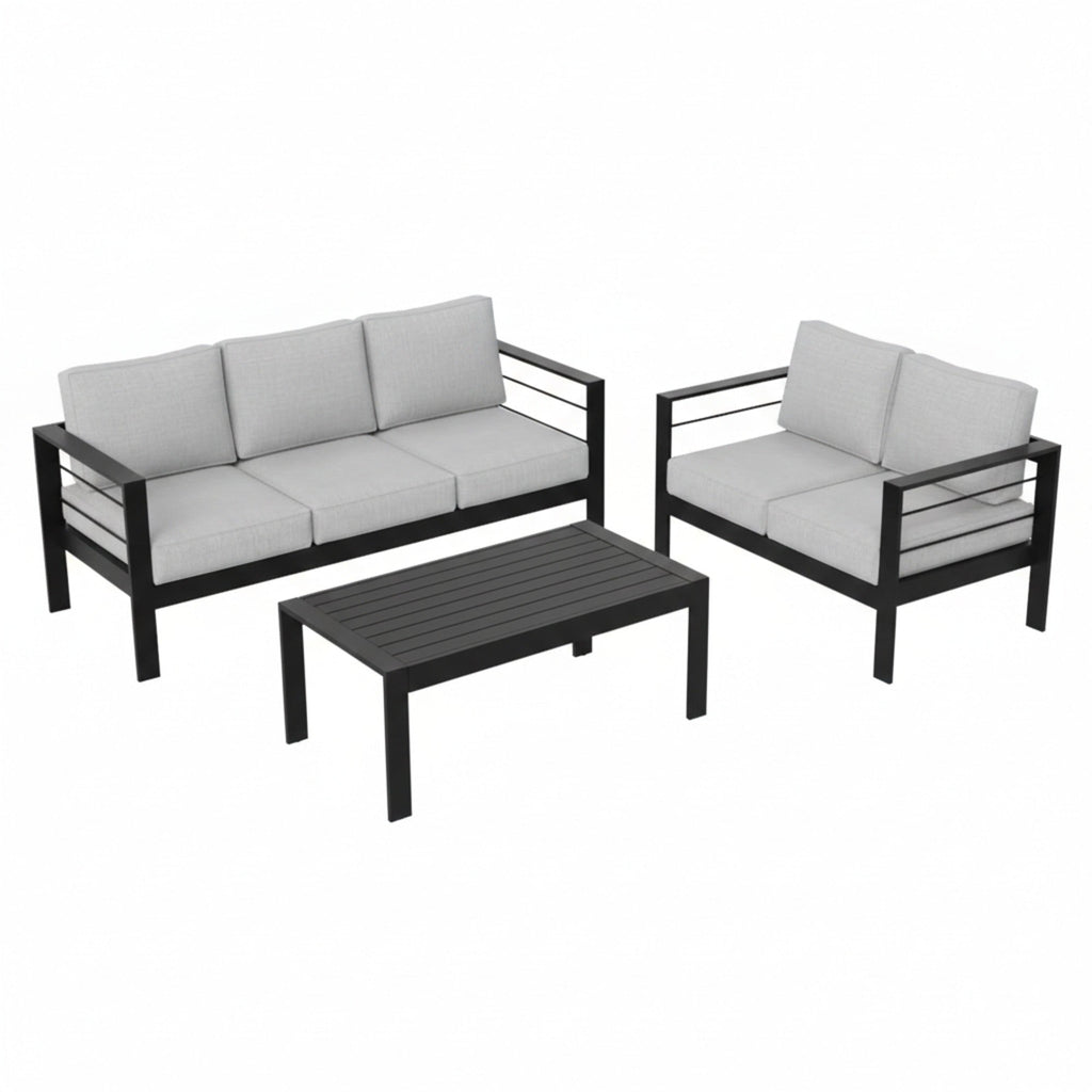 3 Piece Outdoor Patio Set Aluminum Black Gray Cushions