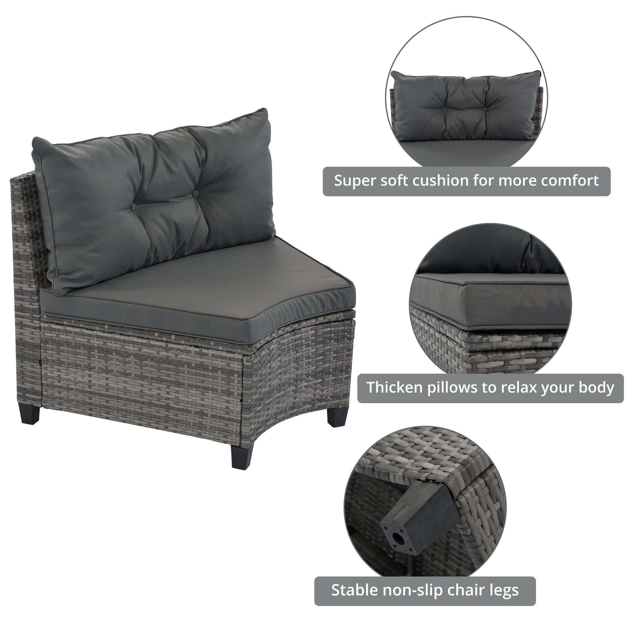 Outdoor Sectional Set PE Wicker Steel Gray Half Moon 8 Piece 250 LB