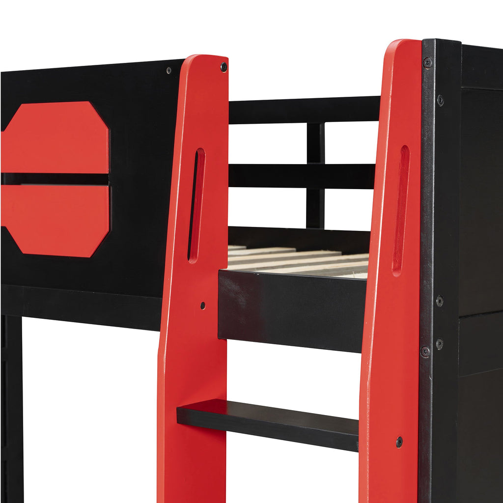 Twin Size Wood Loft Bed with Desk, Multi-storage Shelves and RGB Light, Red