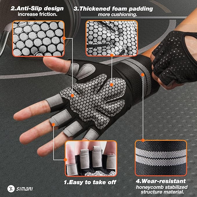 SIMARI Breathable Workout Gloves for Men Women, Padded Weight Lifting Gloves with Wrist Wraps Support, Full Palm Protection, Grip for Gym Training, Fitness, Weightlifting, Exercise Fingerless Black