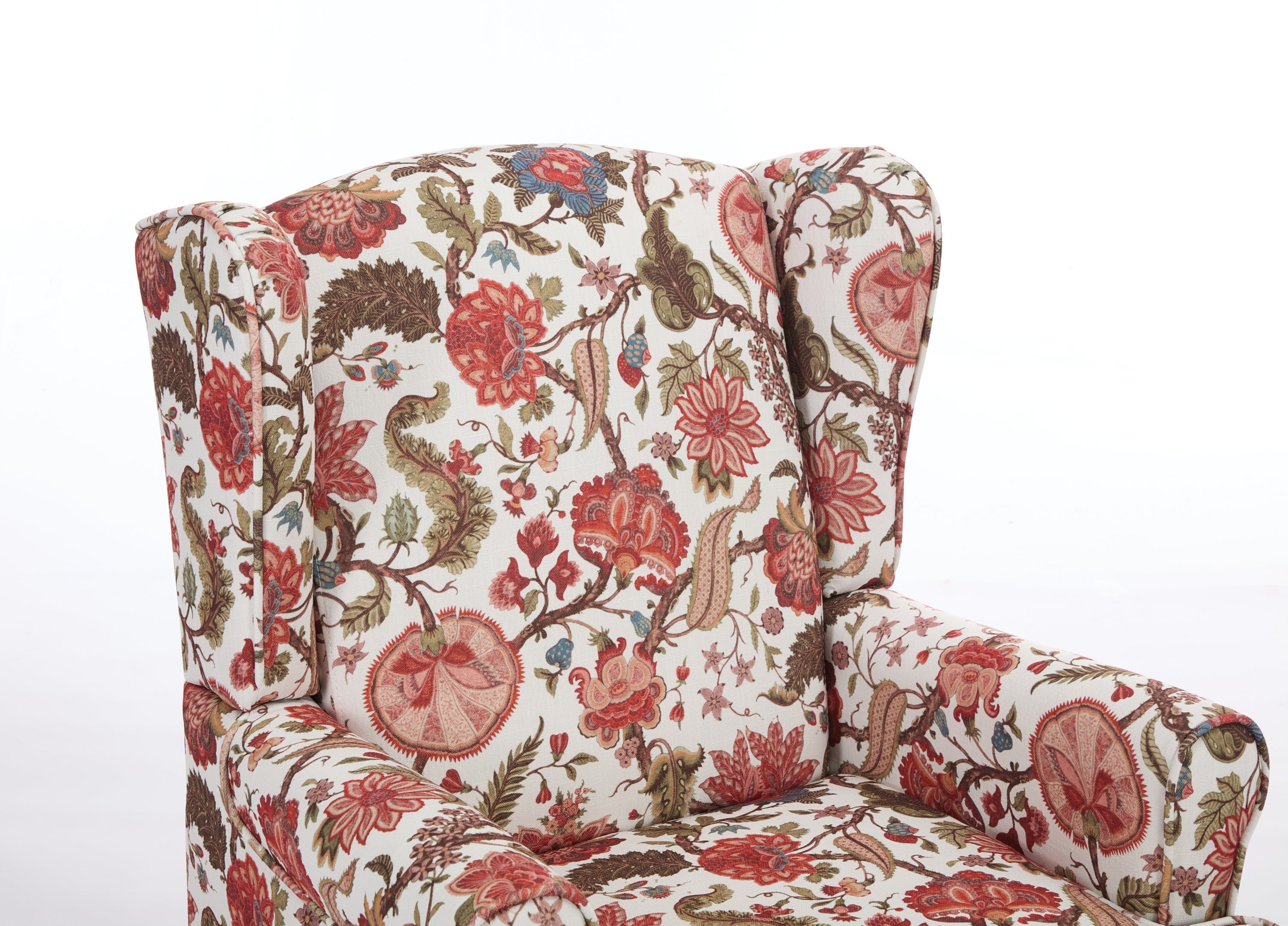 Accent Chair Wingback Linen Floral Red Pine Legs 28x30x38 In