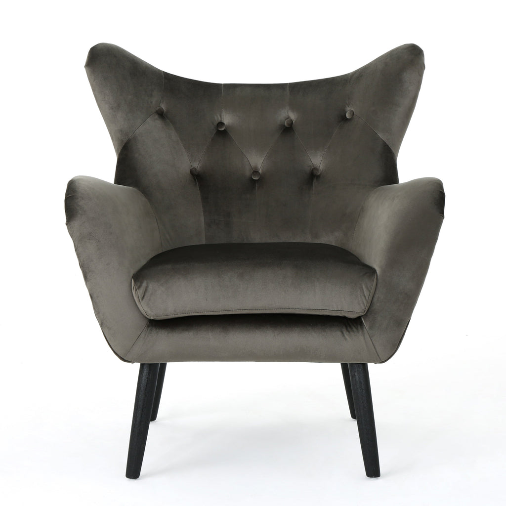 Accent Chair Mid-Century Wingback Velvet Tufted Gray Oak Frame 29x34x40 In