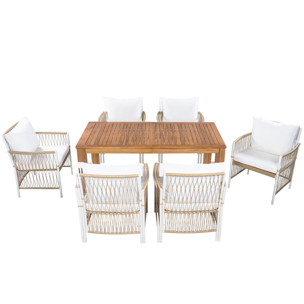 Outdoor Dining Set Acacia Wood PE Wicker Armchair 7 Piece Seats 6