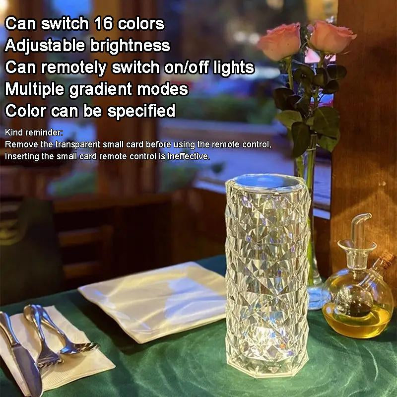 16-Color RGB Crystal Table Lamp with Remote - Touch Sensor Rose Diamond Design & USB Charging Ambient Light