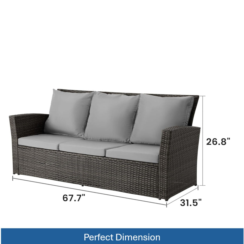 Outdoor Sofa PE Rattan 3 Seat Gray Cushions Black Iron Frame 68in