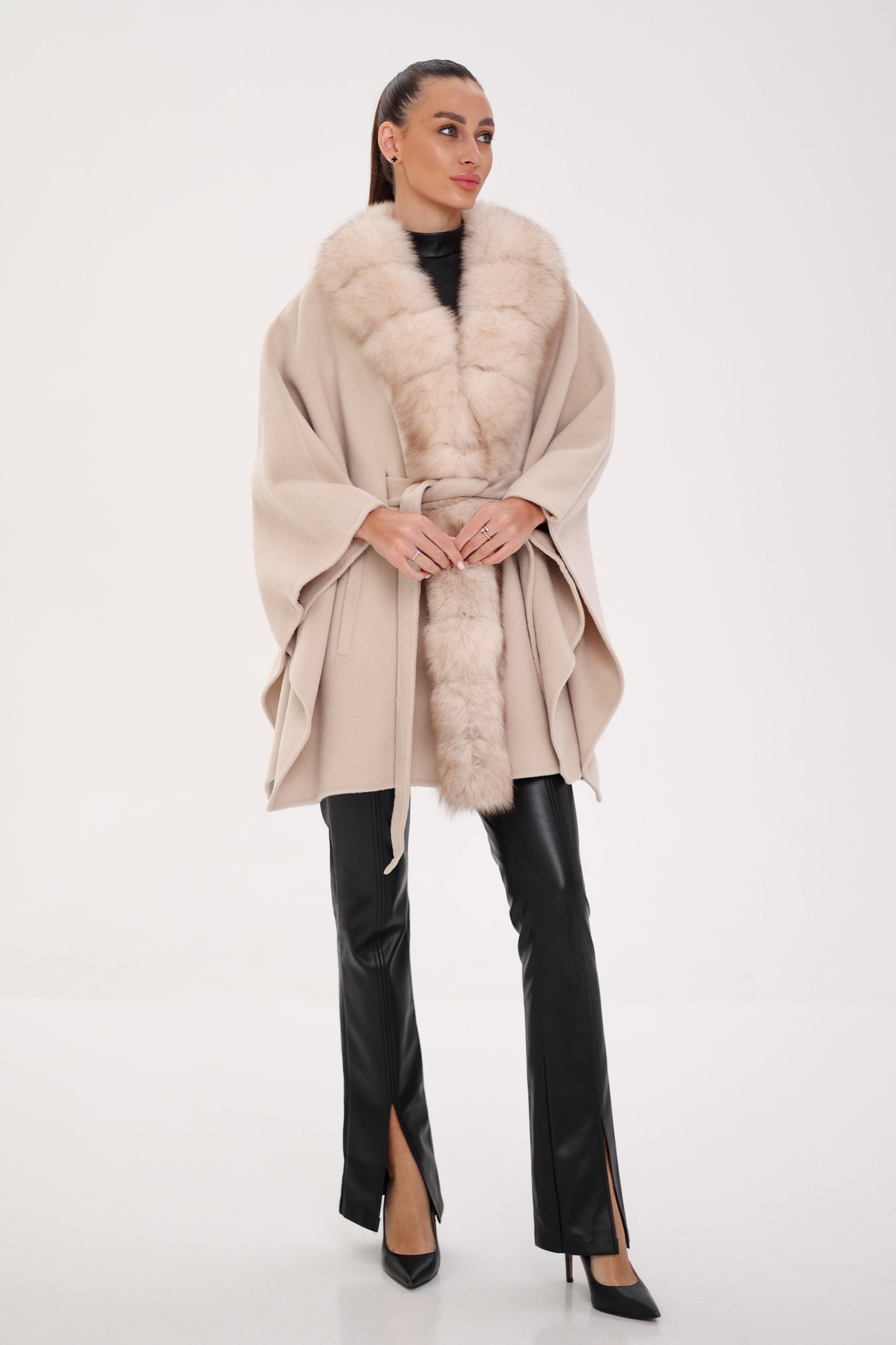 Genuine Polar Fox Double Face Wool Poncho Coat