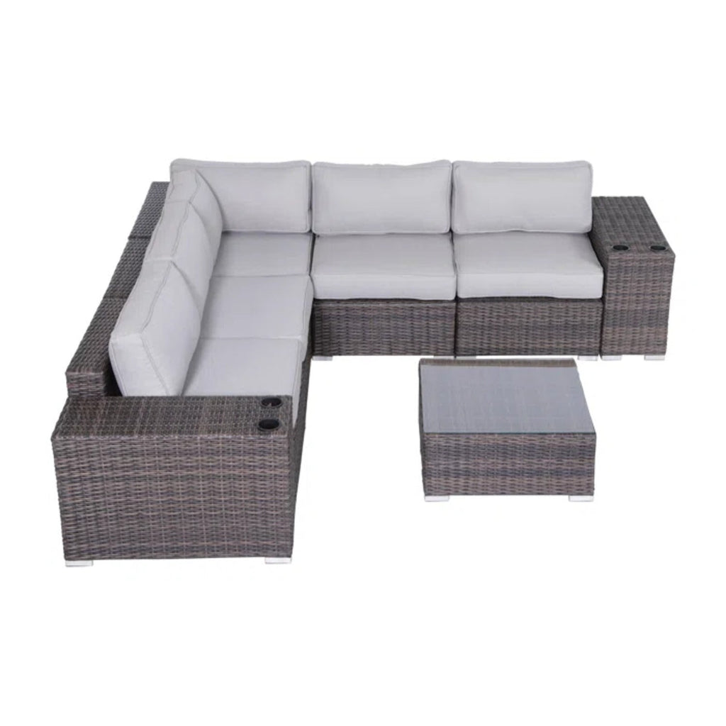 Outdoor Sectional Set HDPE Wicker Brown 8 Piece Sofa Glass Table Seats 4