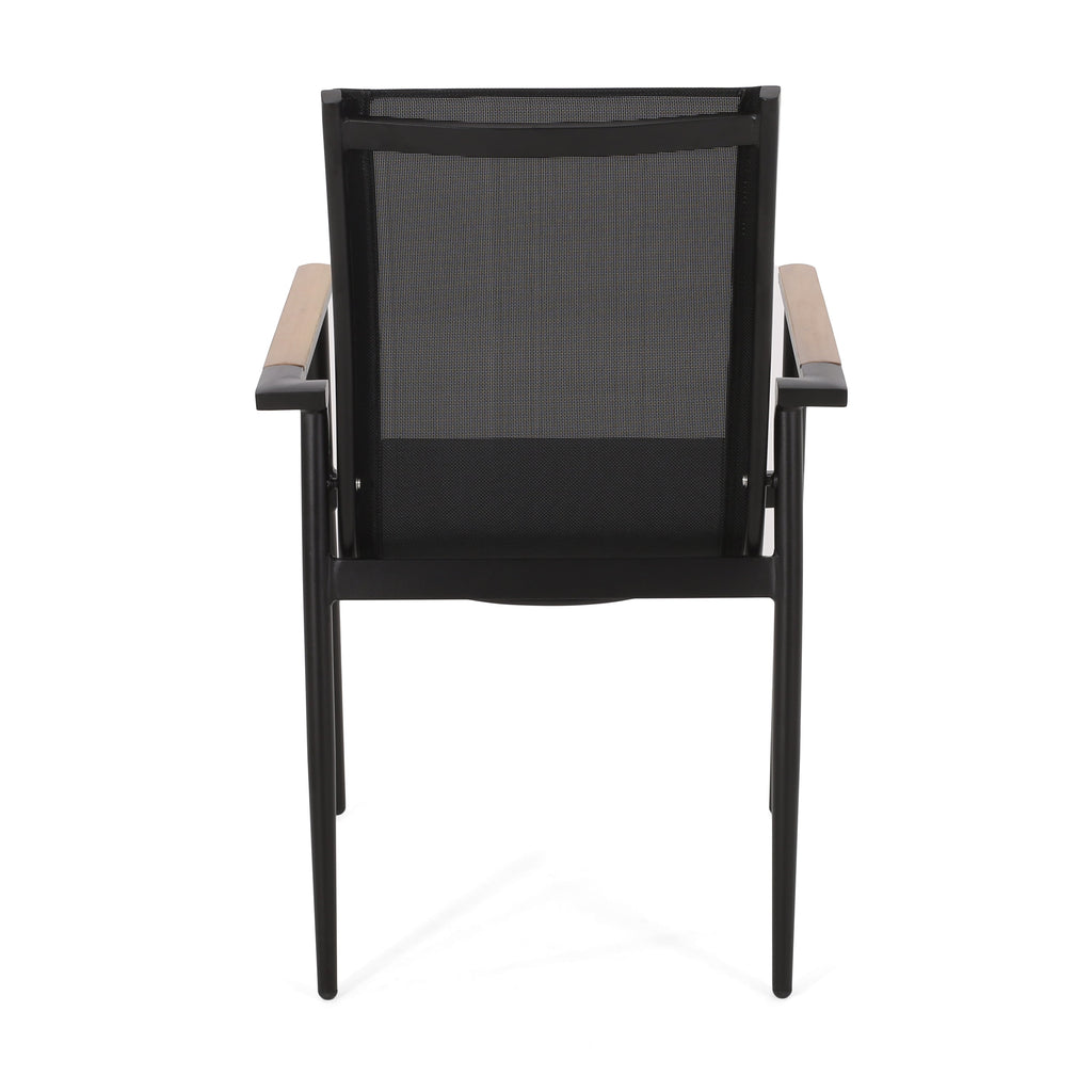 Dining Chair Outdoor Aluminum Mesh Black Natural Faux Wood Accent 22x25x36 In