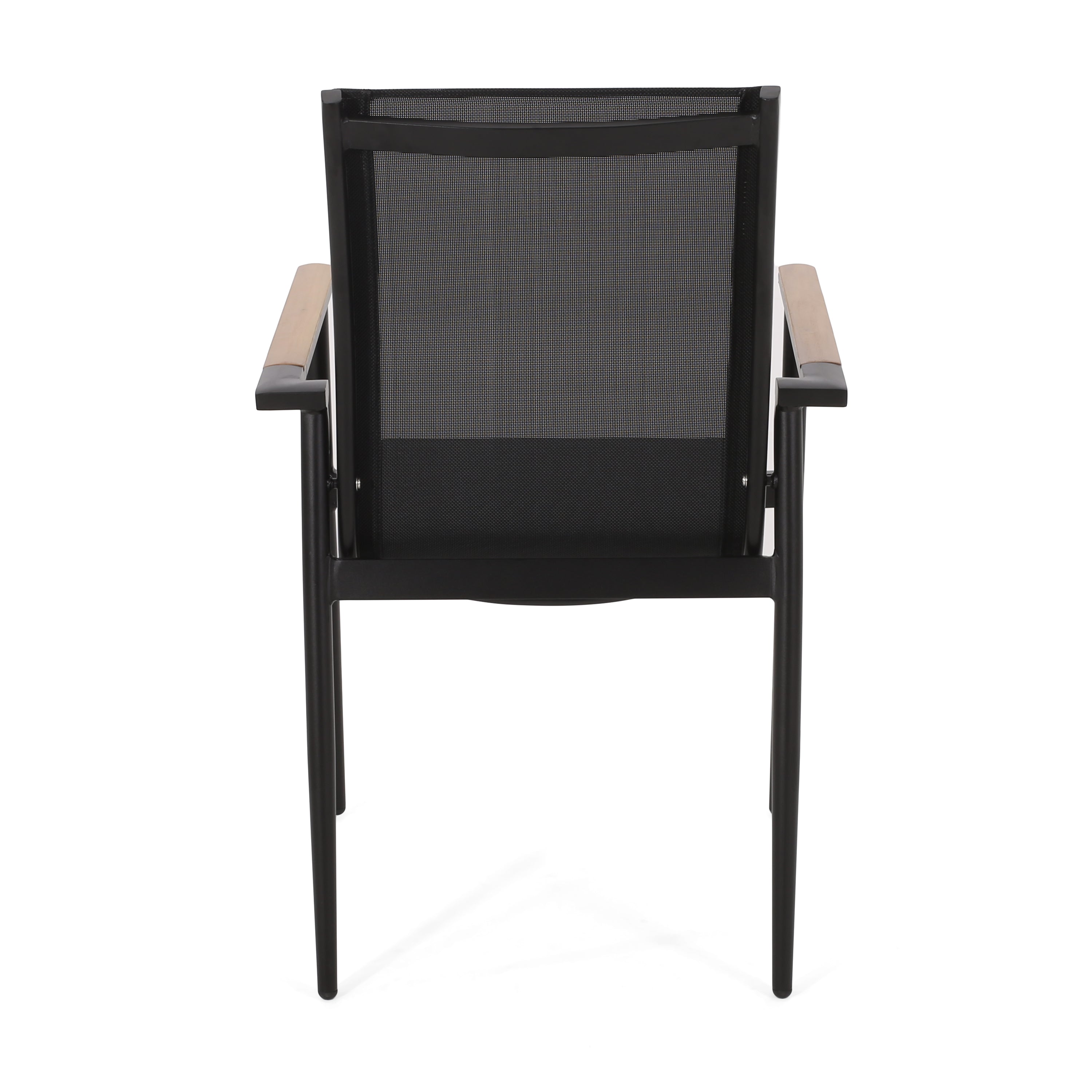 Dining Chair Outdoor Aluminum Mesh Black Natural Faux Wood Accent 22x25x36 In