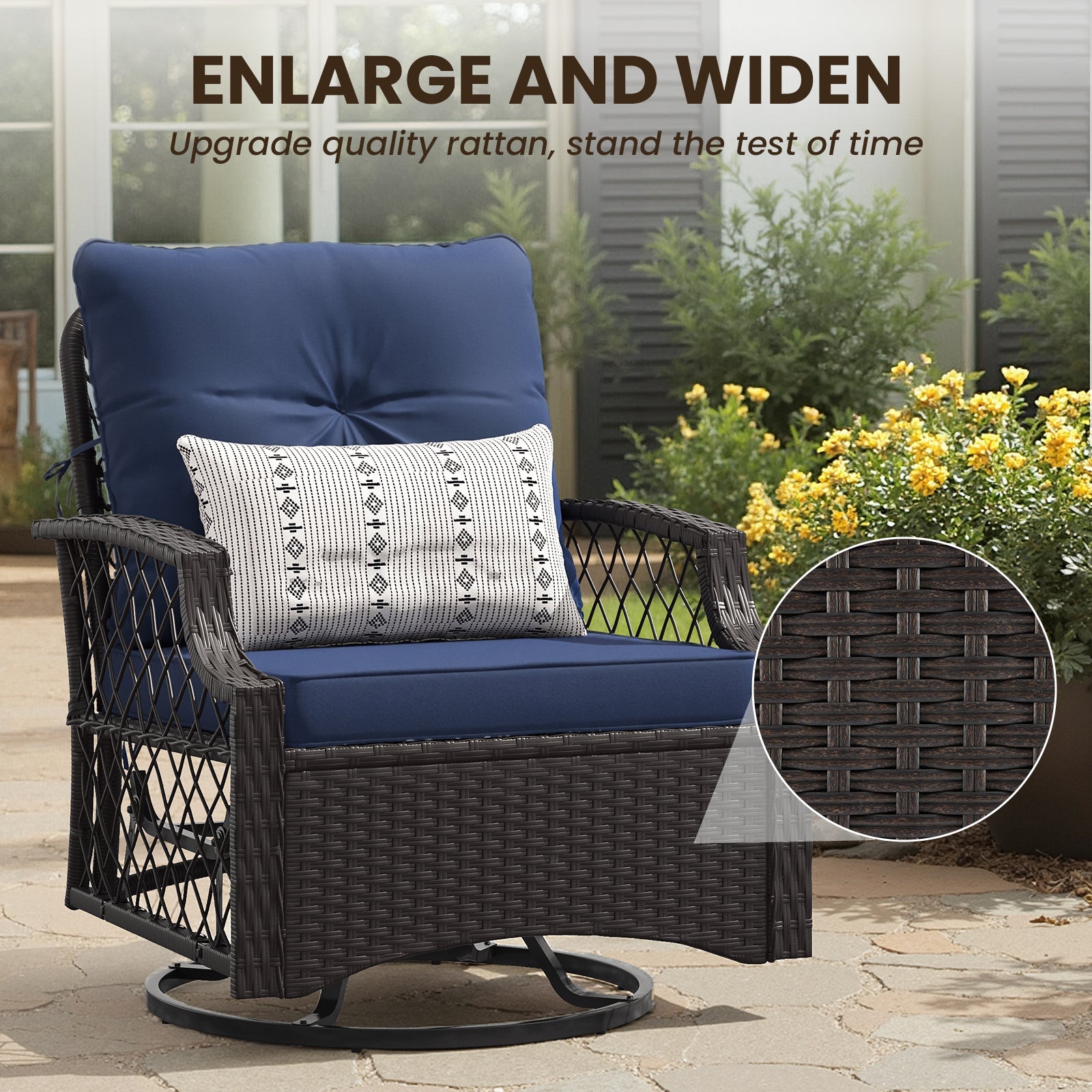 Outdoor Bistro Set Wicker Swivel Glider Navy 3-Piece