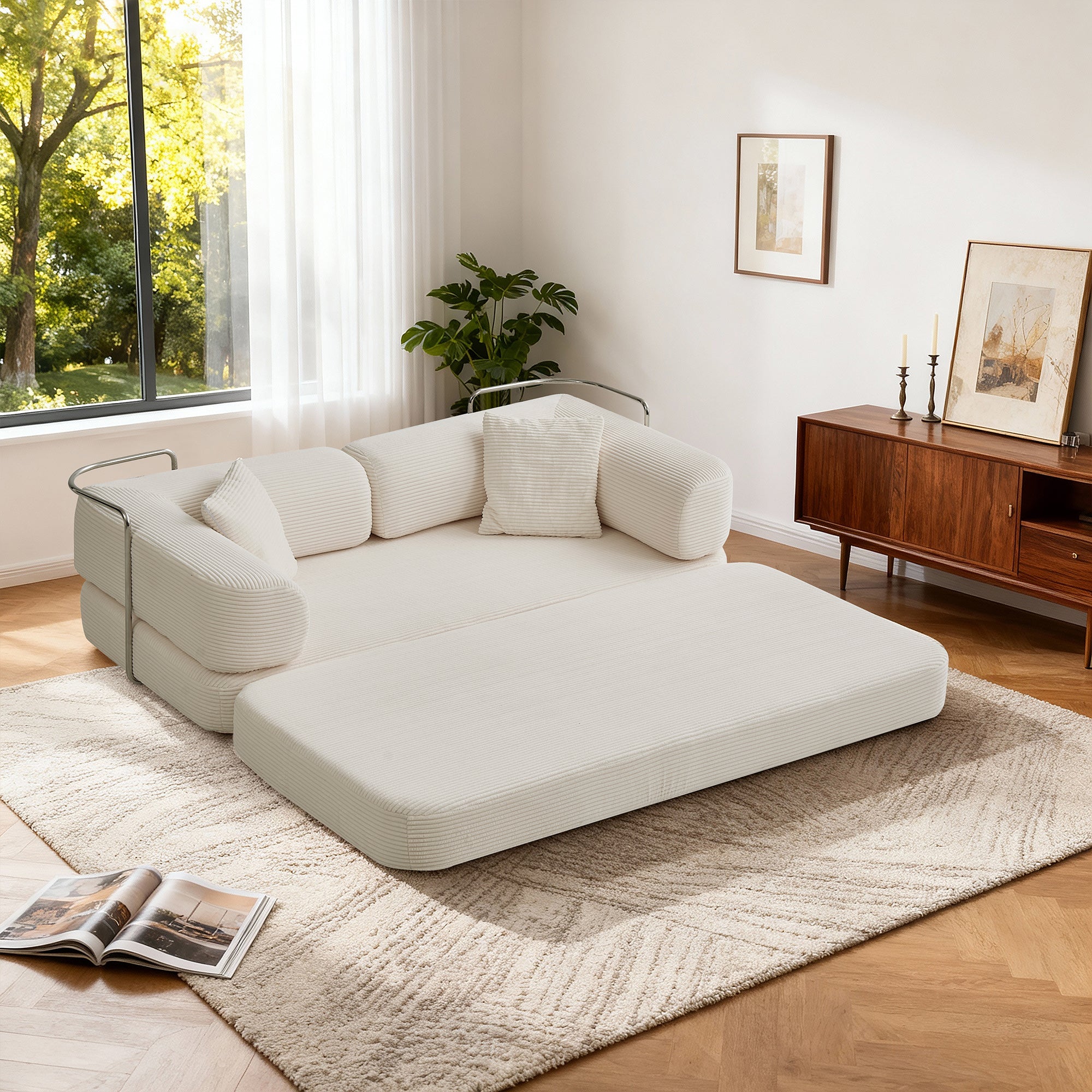 Sofa Floor Low Profile 5-in-1 Corduroy Cream Sleeper with Blanket 74.8 In