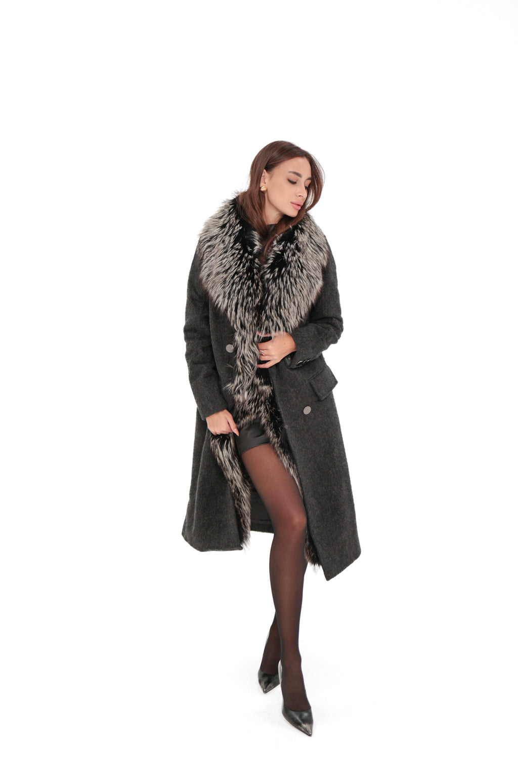 Genuine Silver Fox Cashmere Blend Coat
