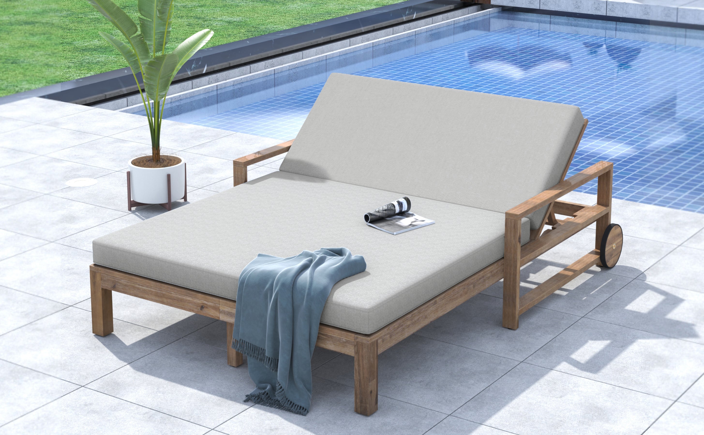 Outdoor Daybed Acacia Wood Farmhouse Gray with Wheels 2 Person