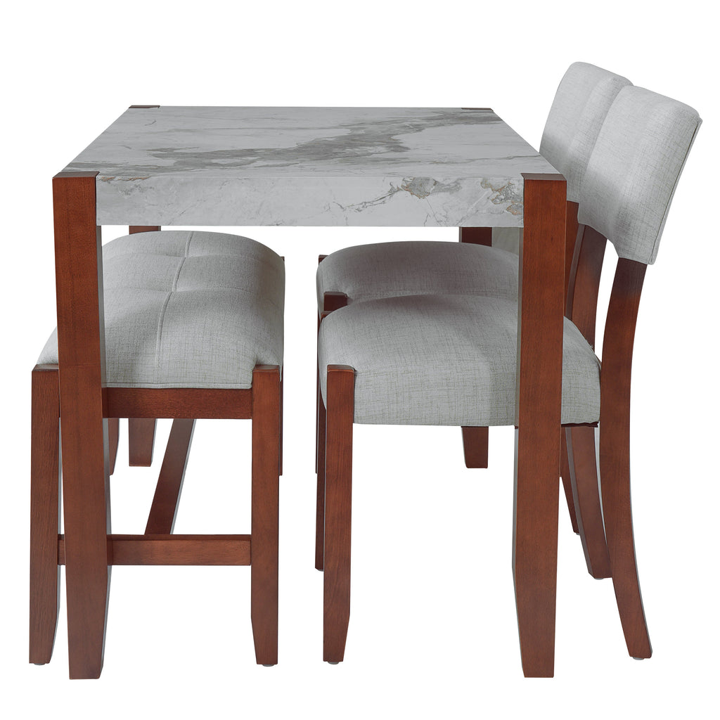 4-Piece Dining Set, 1 Marble-Look Table with 2 Upholstered Chairs and 1 Bench
