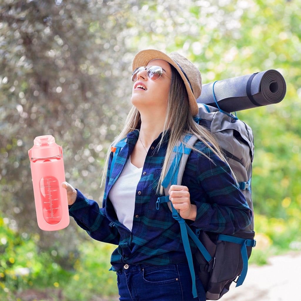 34Oz Glass Water Bottle Sports Water Bottle Motivational Water Bottle Water Intake Tracker Bottle with Straw Time Marker Silicone Sleeve Handle for Gy