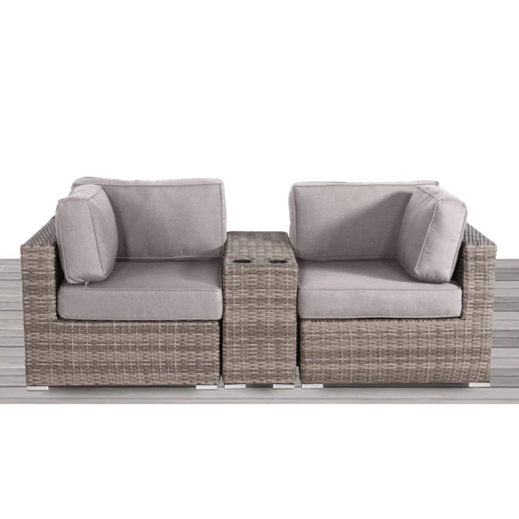Outdoor Loveseat Set Gray Wicker 3 Piece Cupholder