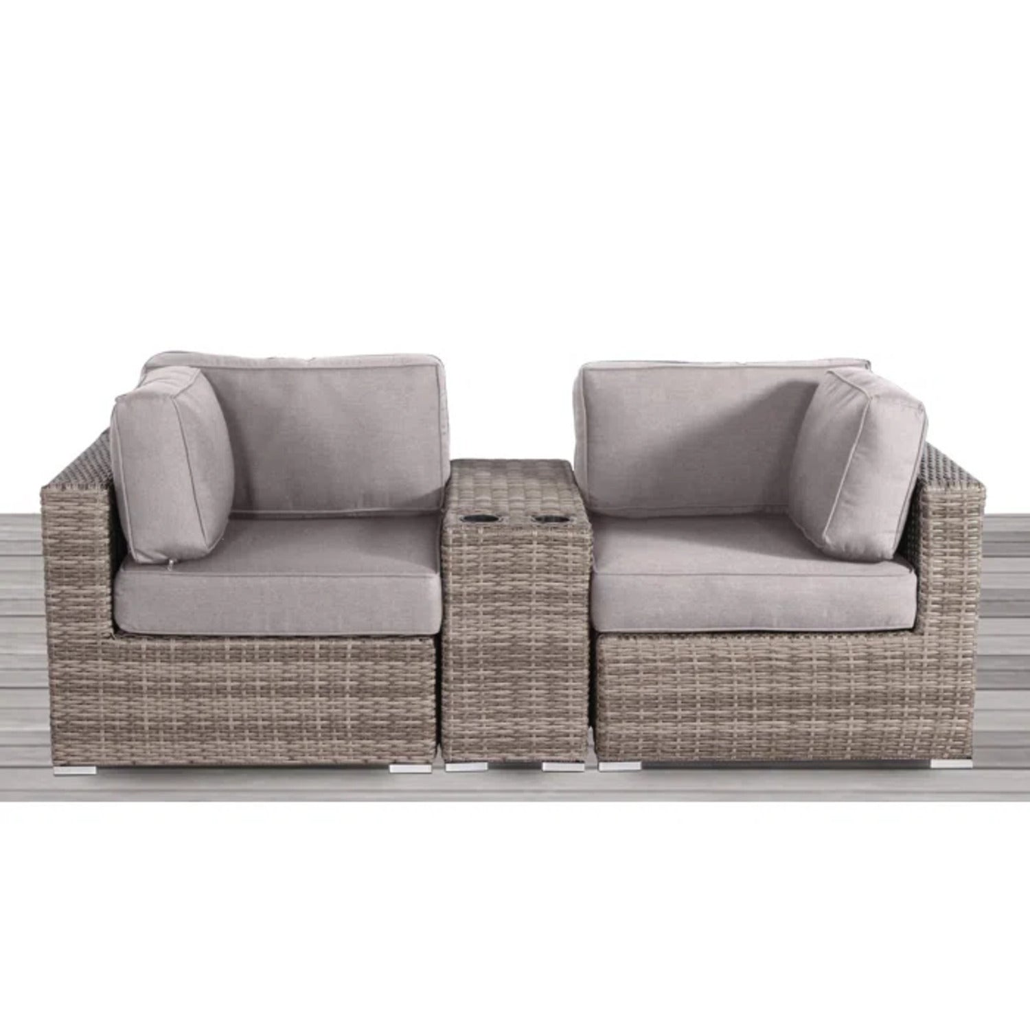 Outdoor Loveseat Set Gray Wicker 3 Piece Cupholder