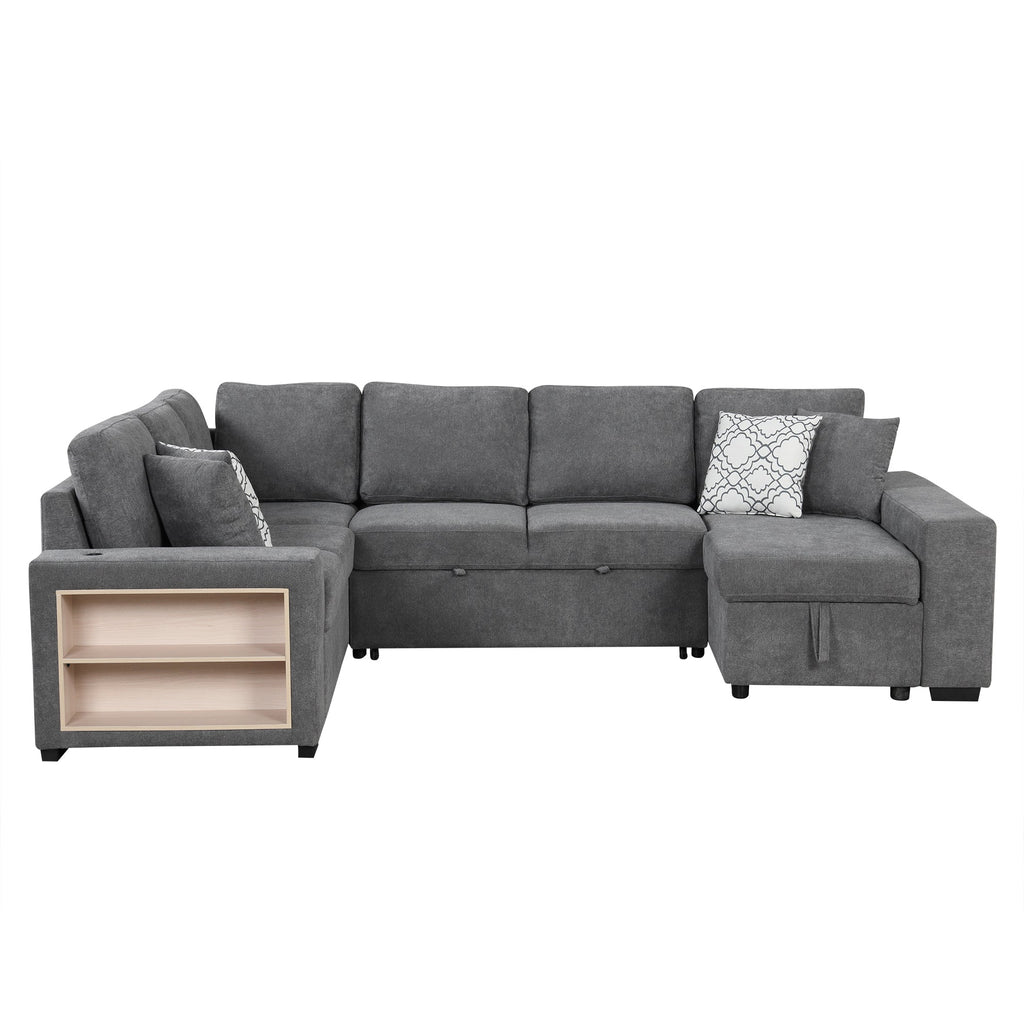 Sectional Sofa U-Shape Chenille Gray 5 Seat USB Ports Pull-Out 109 In