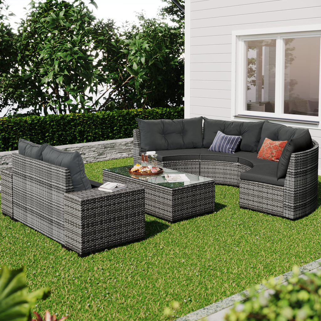 Outdoor Sectional Set PE Wicker Steel Gray Half Moon 8 Piece 250 LB