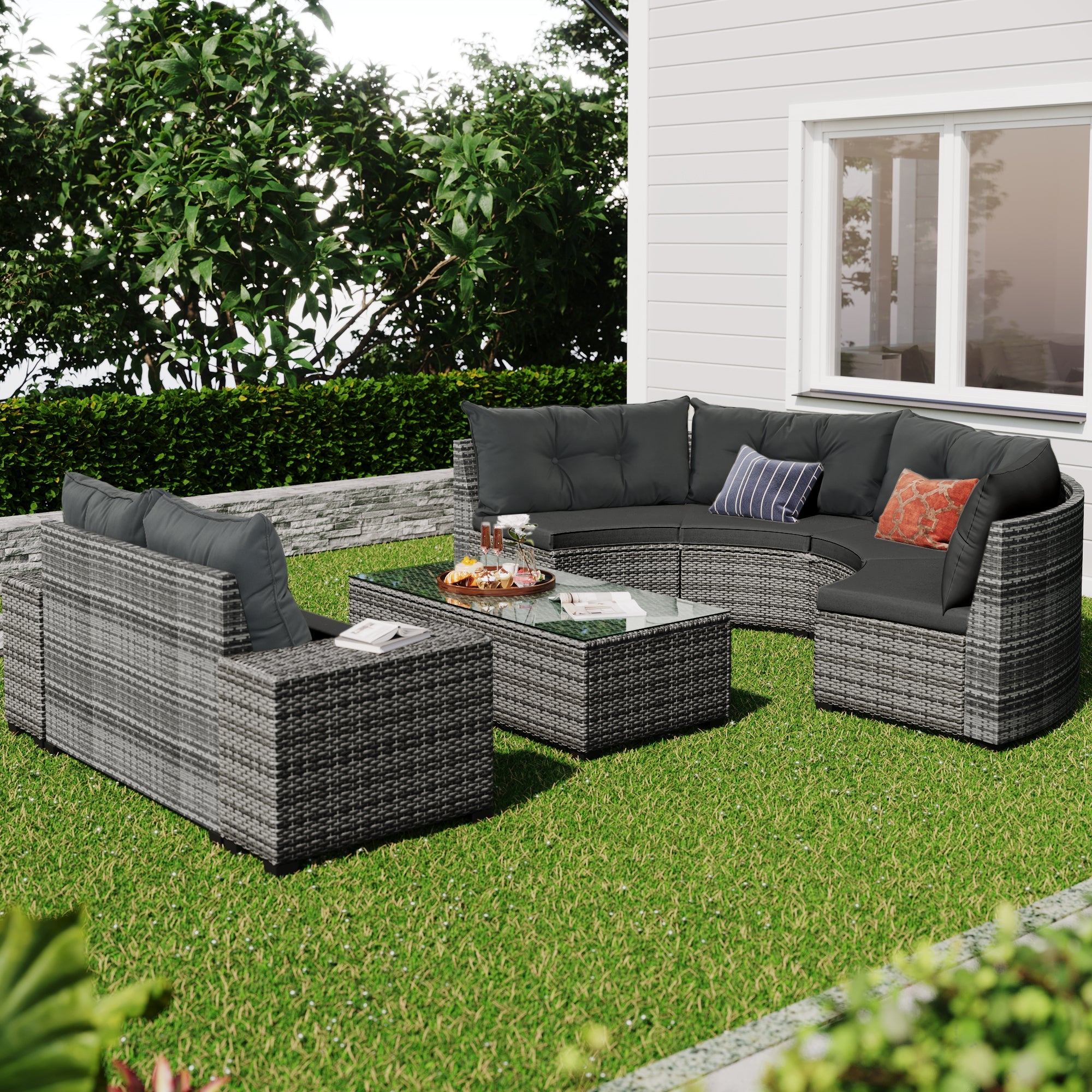 Outdoor Sectional Set PE Wicker Steel Gray Half Moon 8 Piece 250 LB