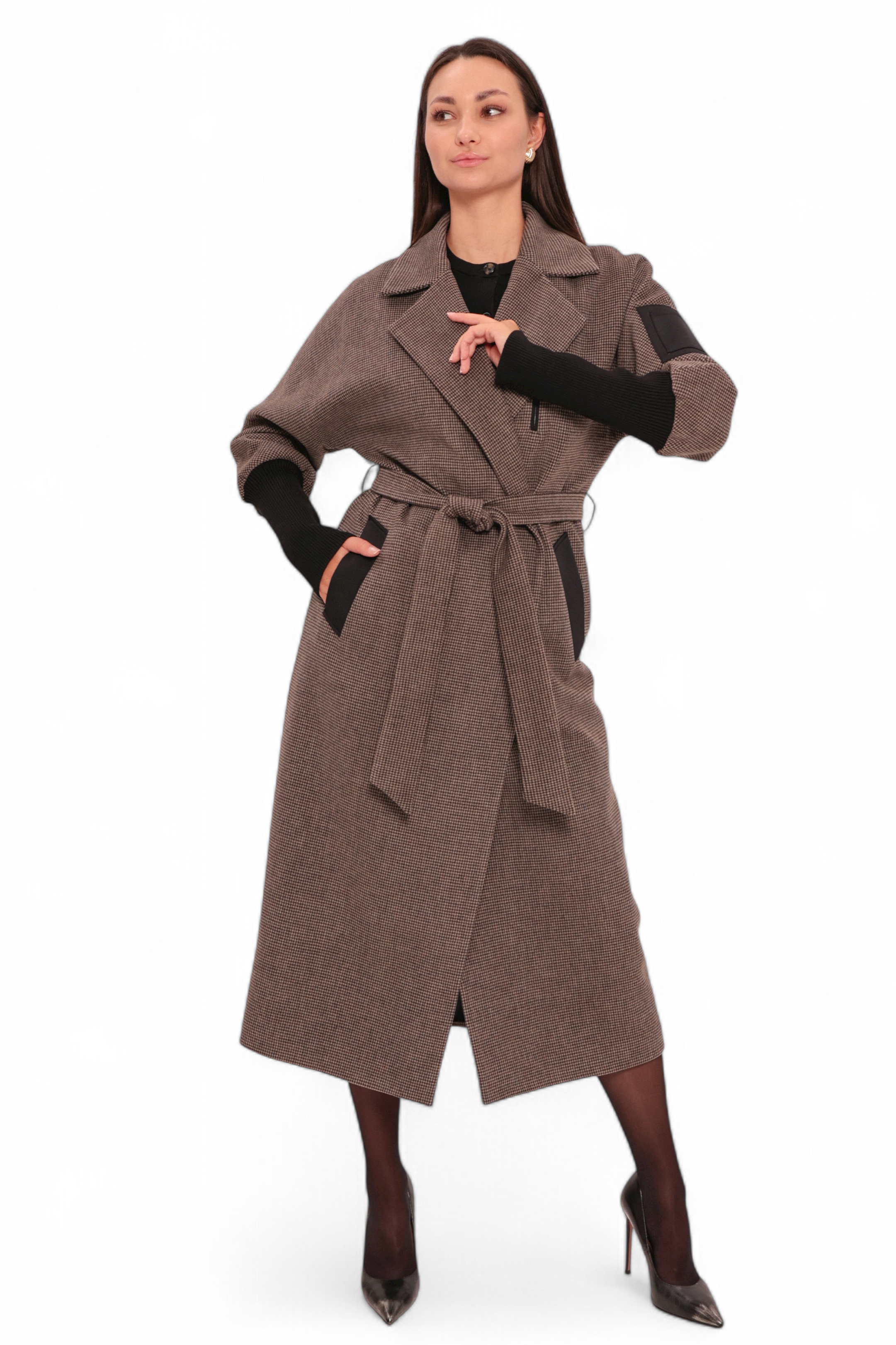 Miru Cashmere Wool Blend Overcoat in Beige Houndstooth