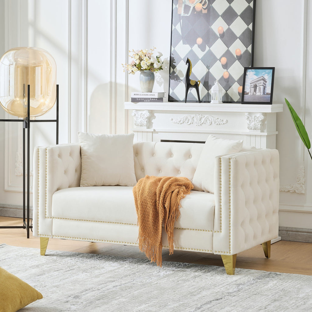 Loveseat Chesterfield Velvet Beige Button Tufted Nailhead Pine Frame 58.6 In