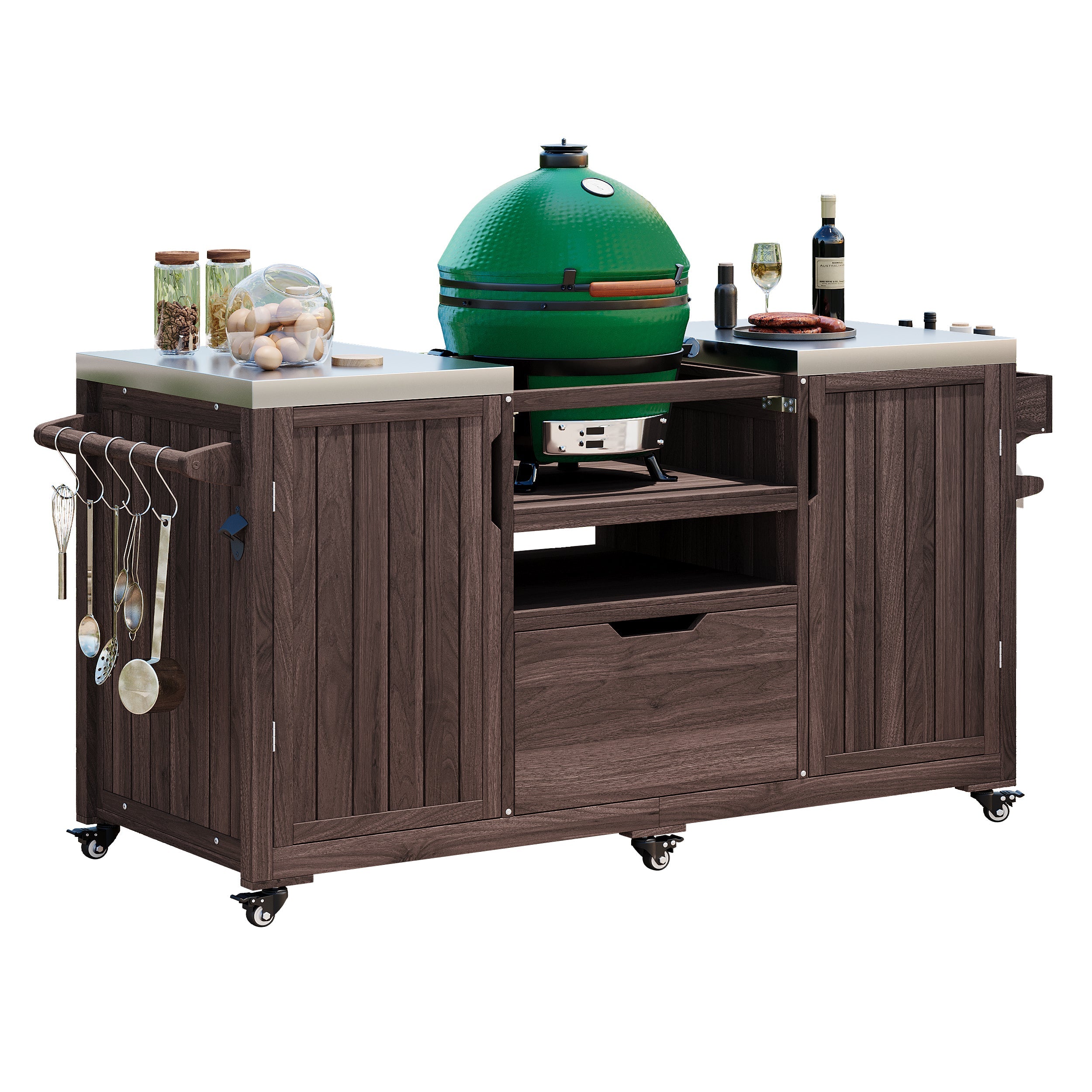 Outdoor Kitchen Island Grill Cart Fir Wood Stainless Steel 66.5