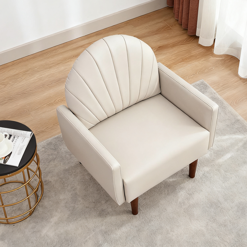 Accent Chair Shell-Shape PU Leather Khaki Solid Wood Legs Easy Assembly