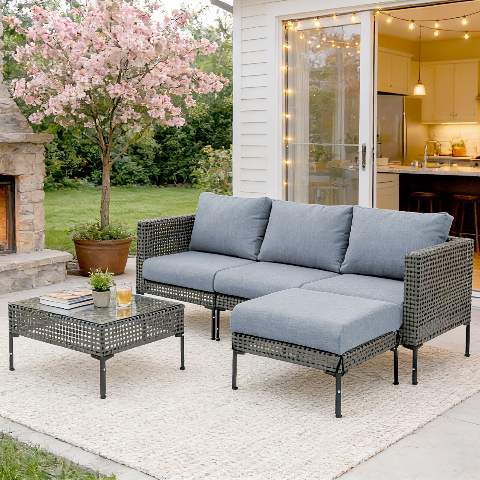 Outdoor Sectional Set Aluminum Woodgrain Gray L-Shape Adjustable Feet