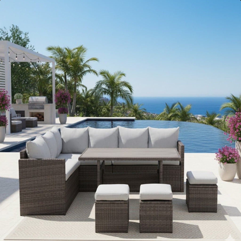 Outdoor Sectional Set PE Rattan Steel Gray Cushion 7 Piece Seats 8