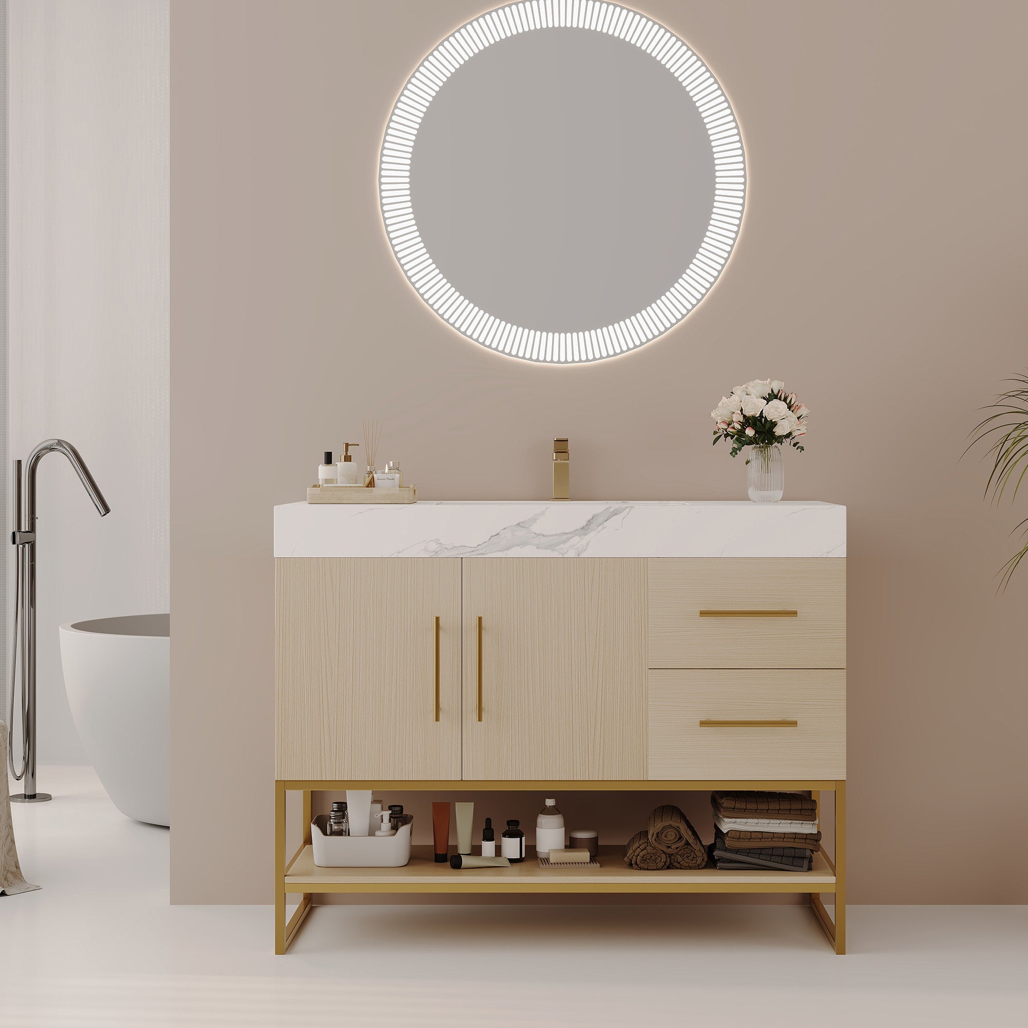 36' Modern Free-Standing Bathroom Vanity with Seamless Ceramic Sink & Sintere...