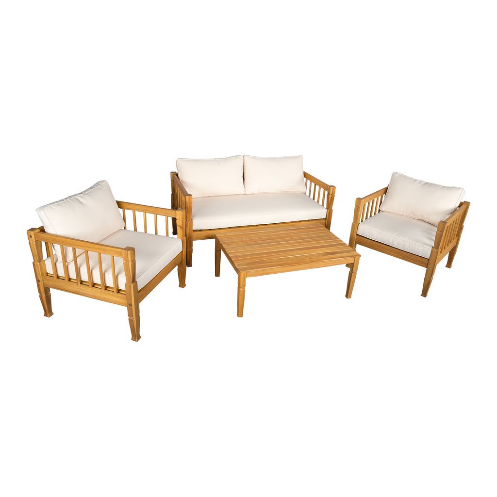 Outdoor Conversation Set Acacia Wood Teak Beige Cushion 4 Piece Seats 4