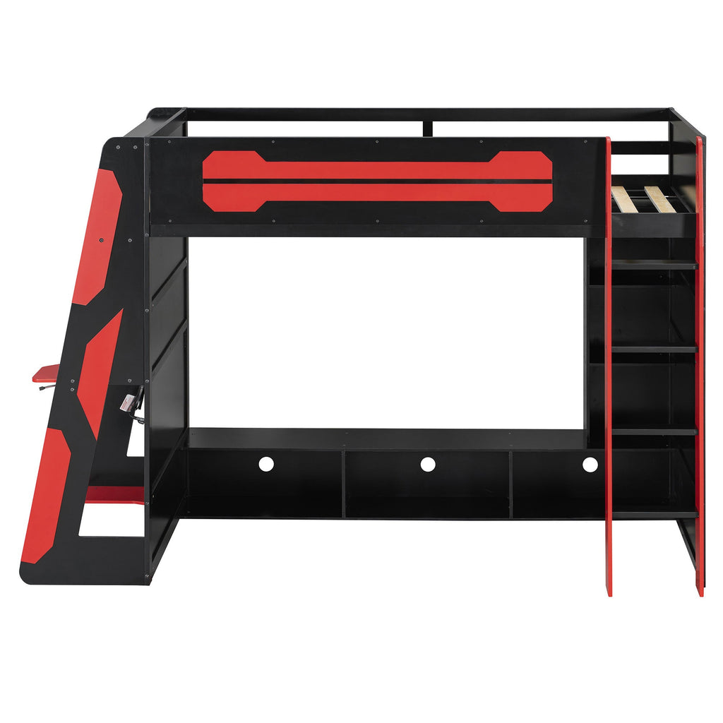 Twin Size Wood Loft Bed with Desk, Multi-storage Shelves and RGB Light, Red