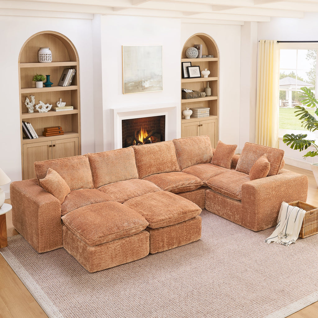 Sectional Sofa Modular Boucle Orange 7 Seat Ottomans 107 In No Assembly