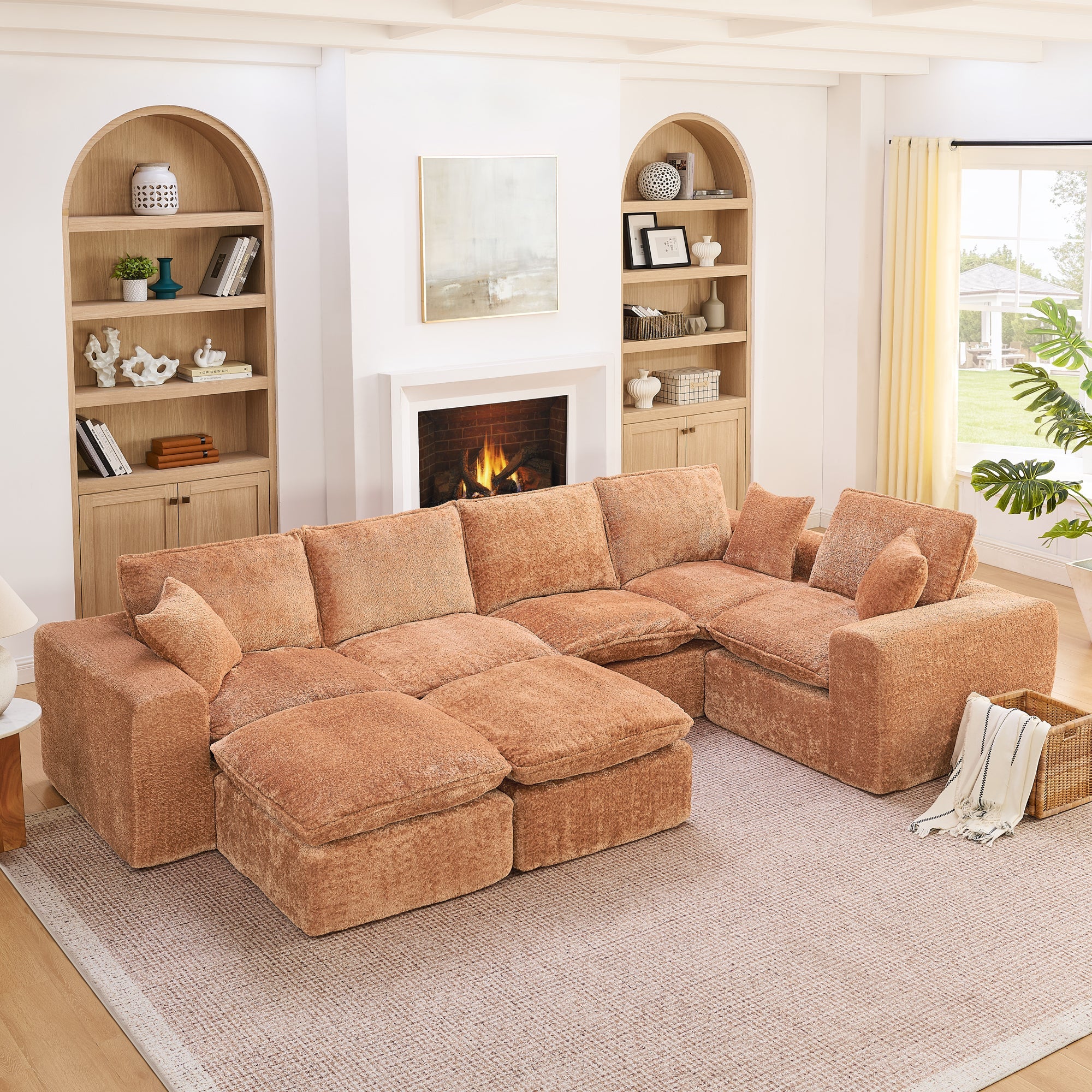 Sectional Sofa Modular Boucle Orange 7 Seat Ottomans 107 In No Assembly