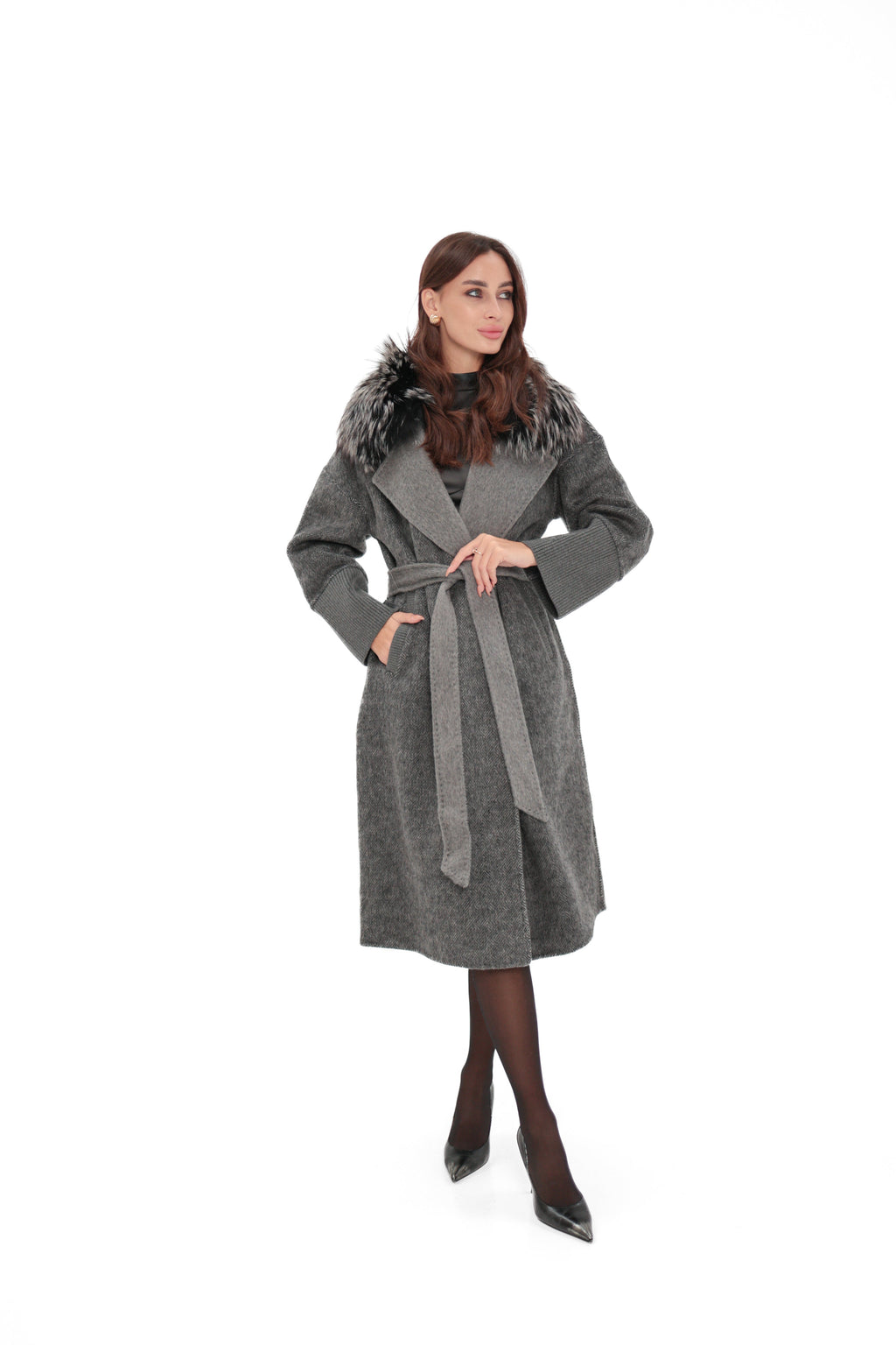 Boston Genuine Silver Fox Cashmere Blend Double-Face Coat in Grey Mélange