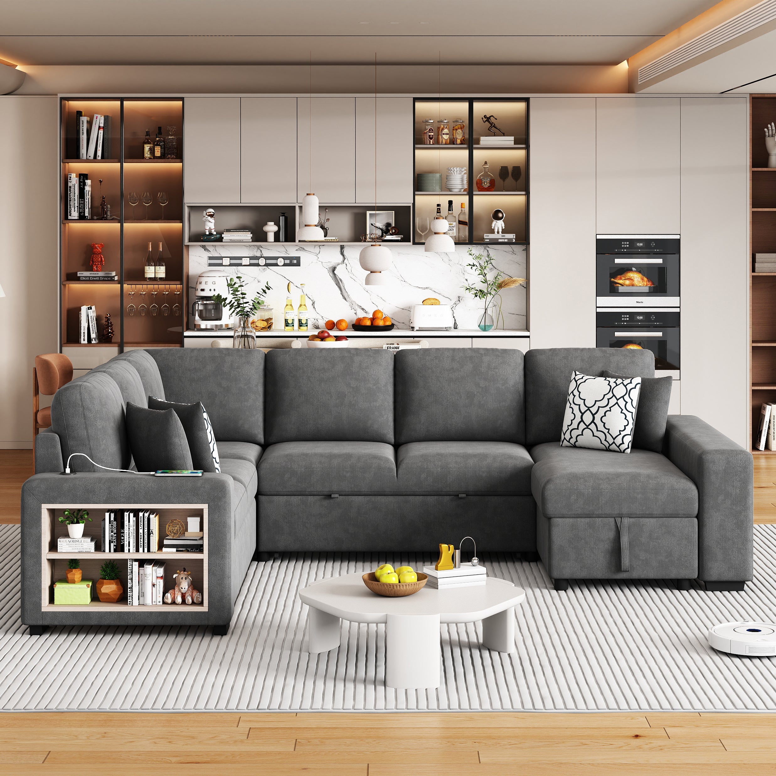 Sectional Sofa U-Shape Chenille Gray 5 Seat USB Ports Pull-Out 109 In