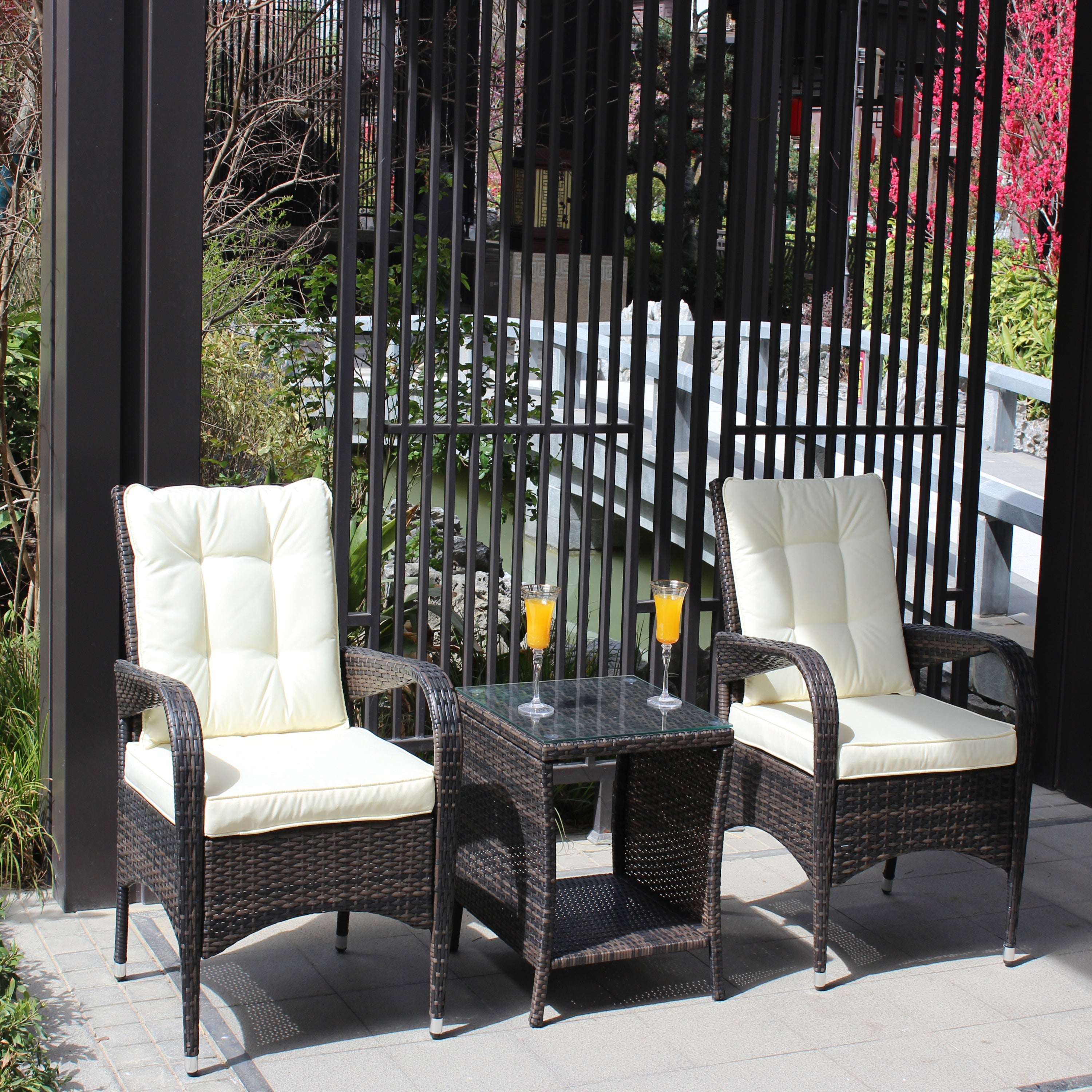 Outdoor Conversation Set PE Rattan Steel Brown Beige Cushion 3 Piece