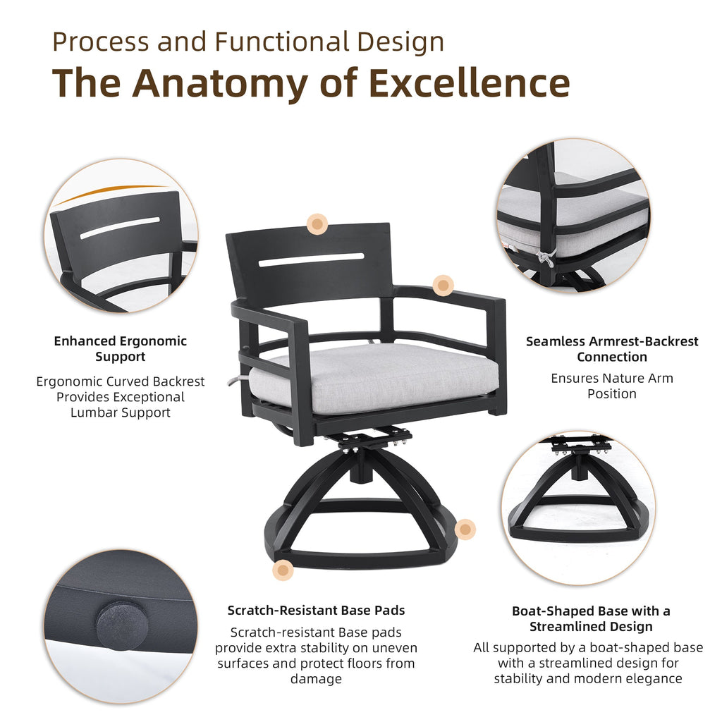 Outdoor Dining Set Aluminum Sintered Stone Black Squircle 5 Piece Swivel