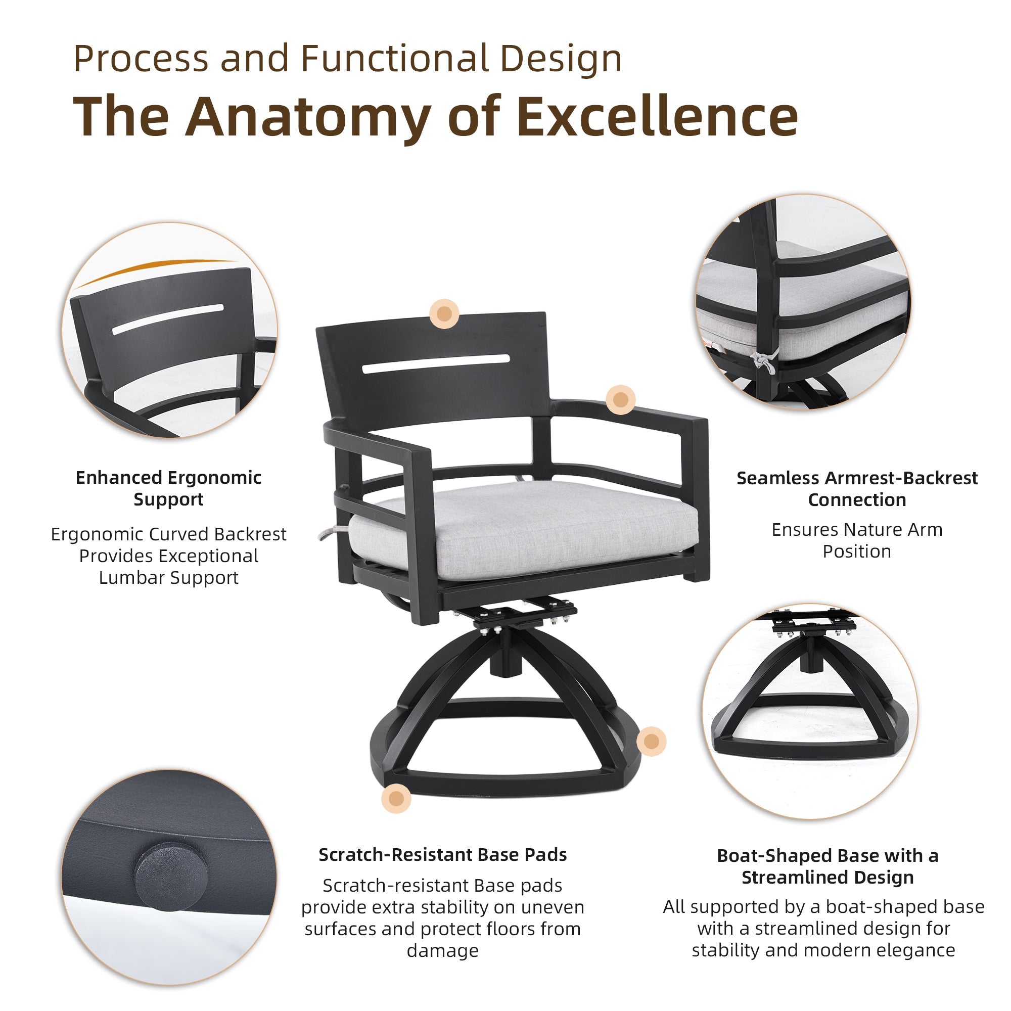 Outdoor Dining Set Aluminum Sintered Stone Black Squircle 5 Piece Swivel