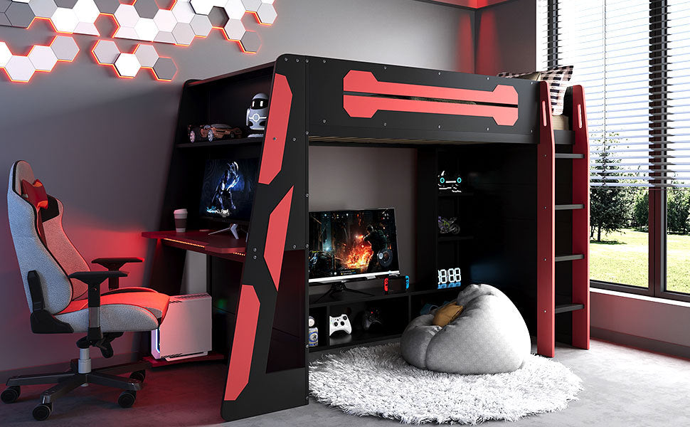 Twin Size Wood Loft Bed with Desk, Multi-storage Shelves and RGB Light, Red