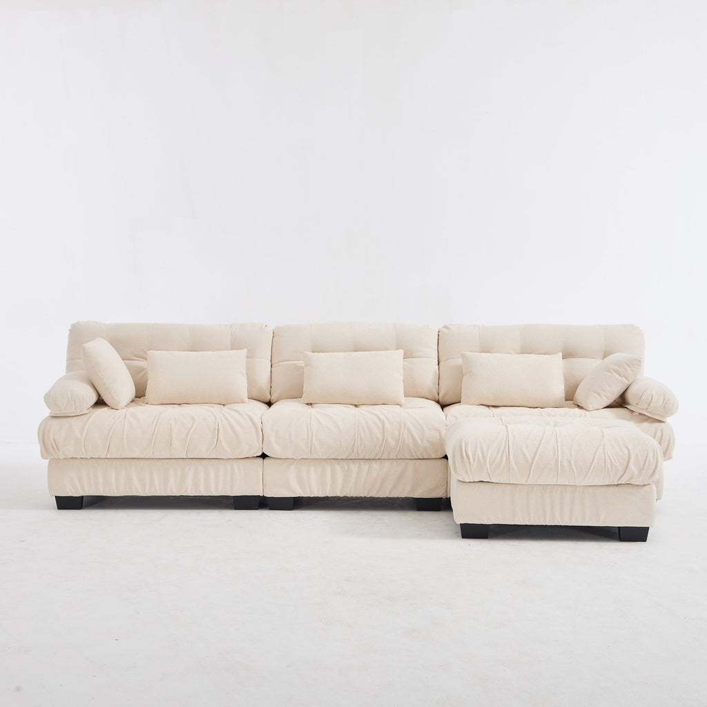 Sectional Sofa L-Shape Flannelette Beige 4 Seat Ottoman 123 In Deep Seat