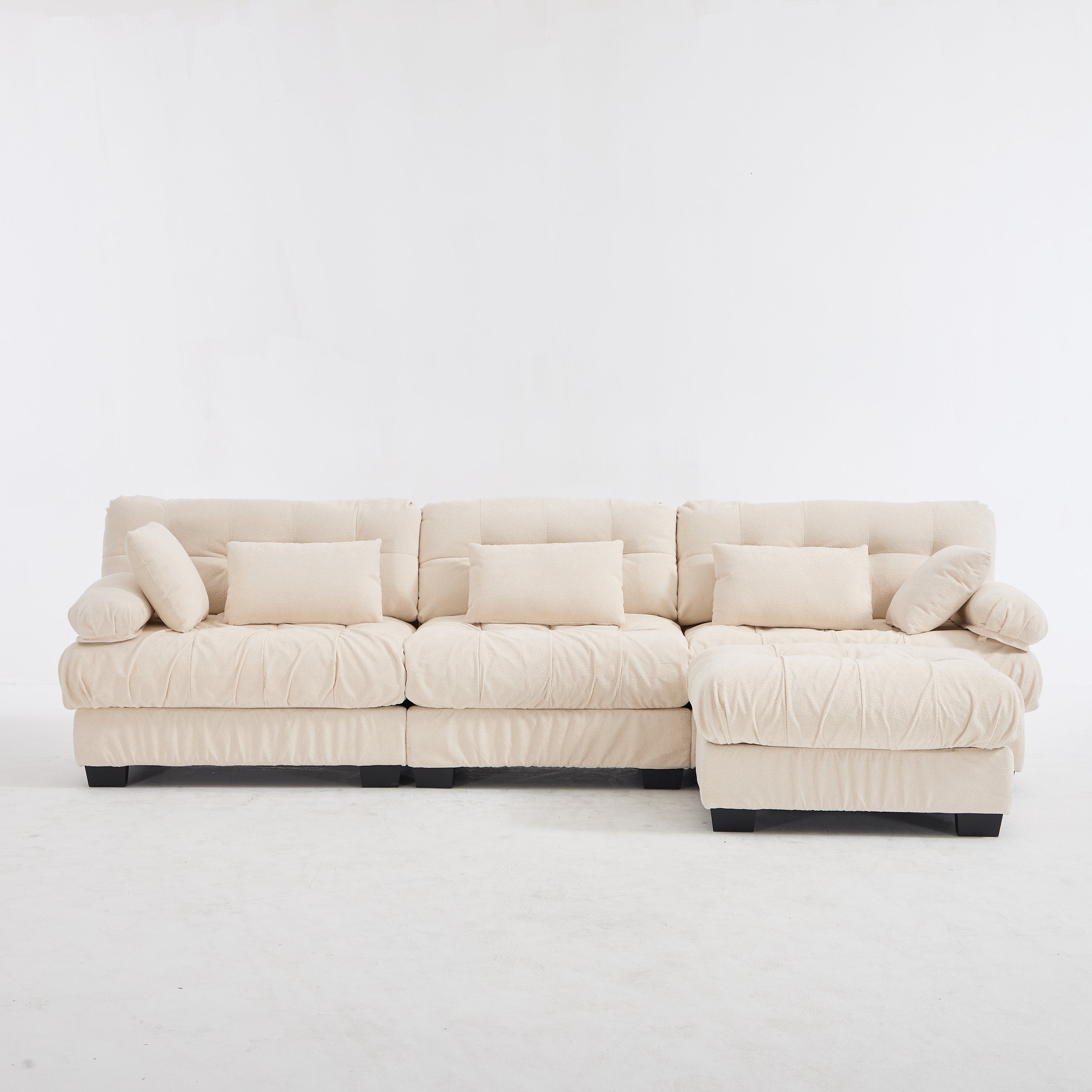 Sectional Sofa L-Shape Flannelette Beige 4 Seat Ottoman 123 In Deep Seat