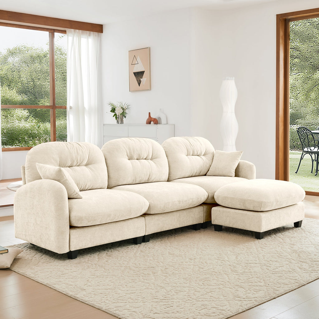 Sectional Sofa L-Shape Modular Chenille Beige 3-Seat with Ottoman