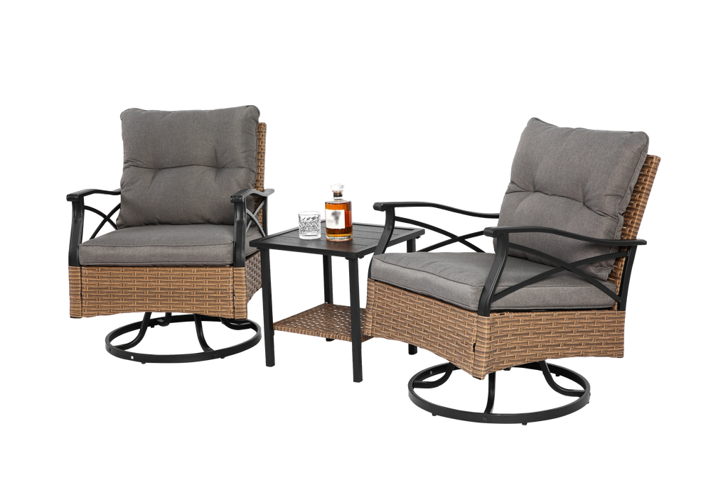 Outdoor Patio Set PE Rattan Steel Brown Swivel Rocker 3 Piece 350 LB