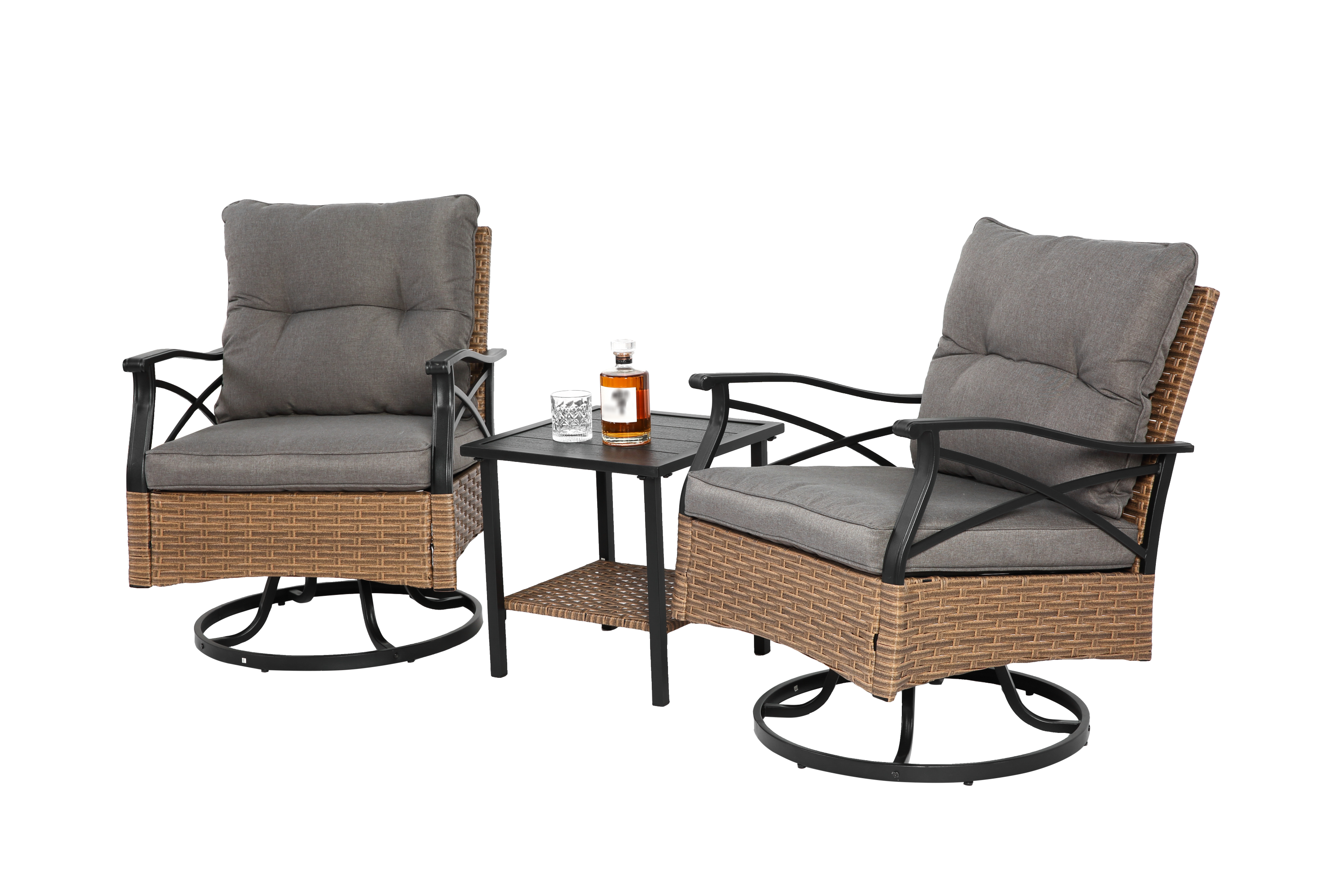 Outdoor Patio Set PE Rattan Steel Brown Swivel Rocker 3 Piece 350 LB