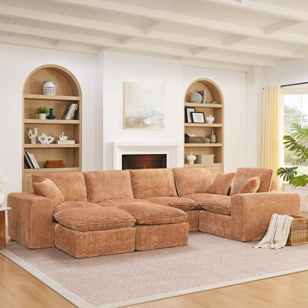 Sectional Sofa Modular Boucle Orange 7 Seat Ottomans 107 In No Assembly