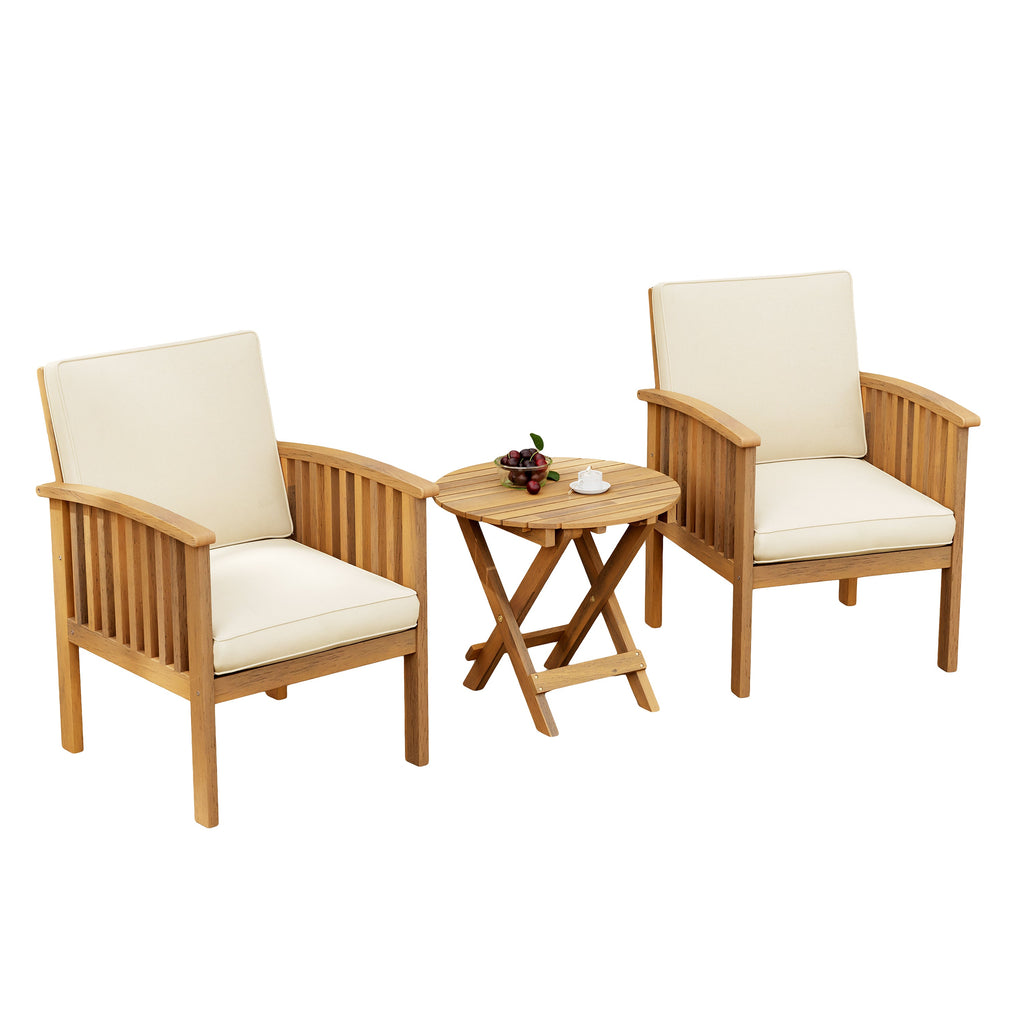 Outdoor Conversation Set Acacia Wood Cream Cushion 3 Piece Foldable
